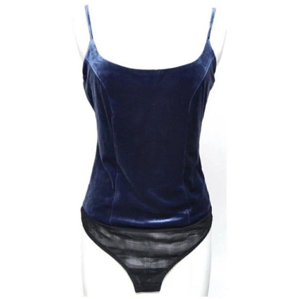 bcbg maxazria Geelia Solid Navy Blue Velvet Tank Bodysuit Top Xs
